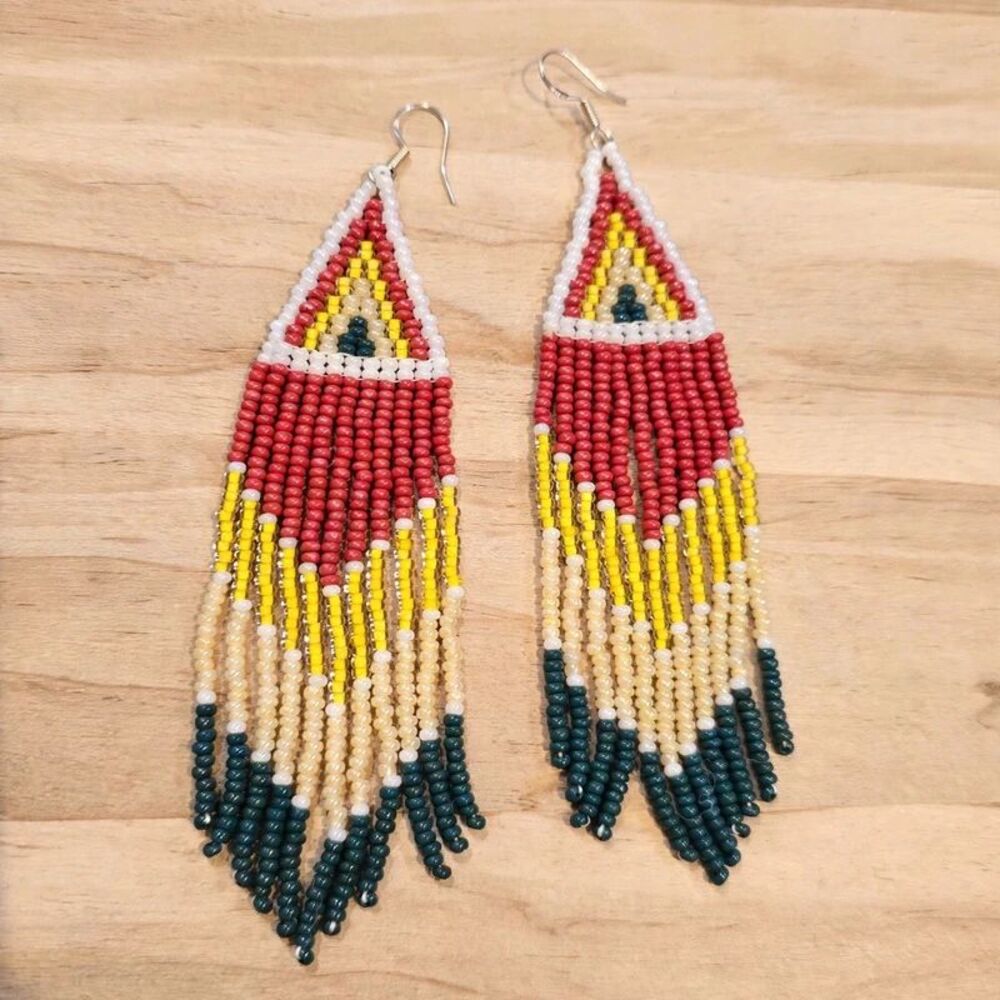 Seed Bead Fringe Earrings Red White Yellow Teal Dangle Boho Tribal Statement